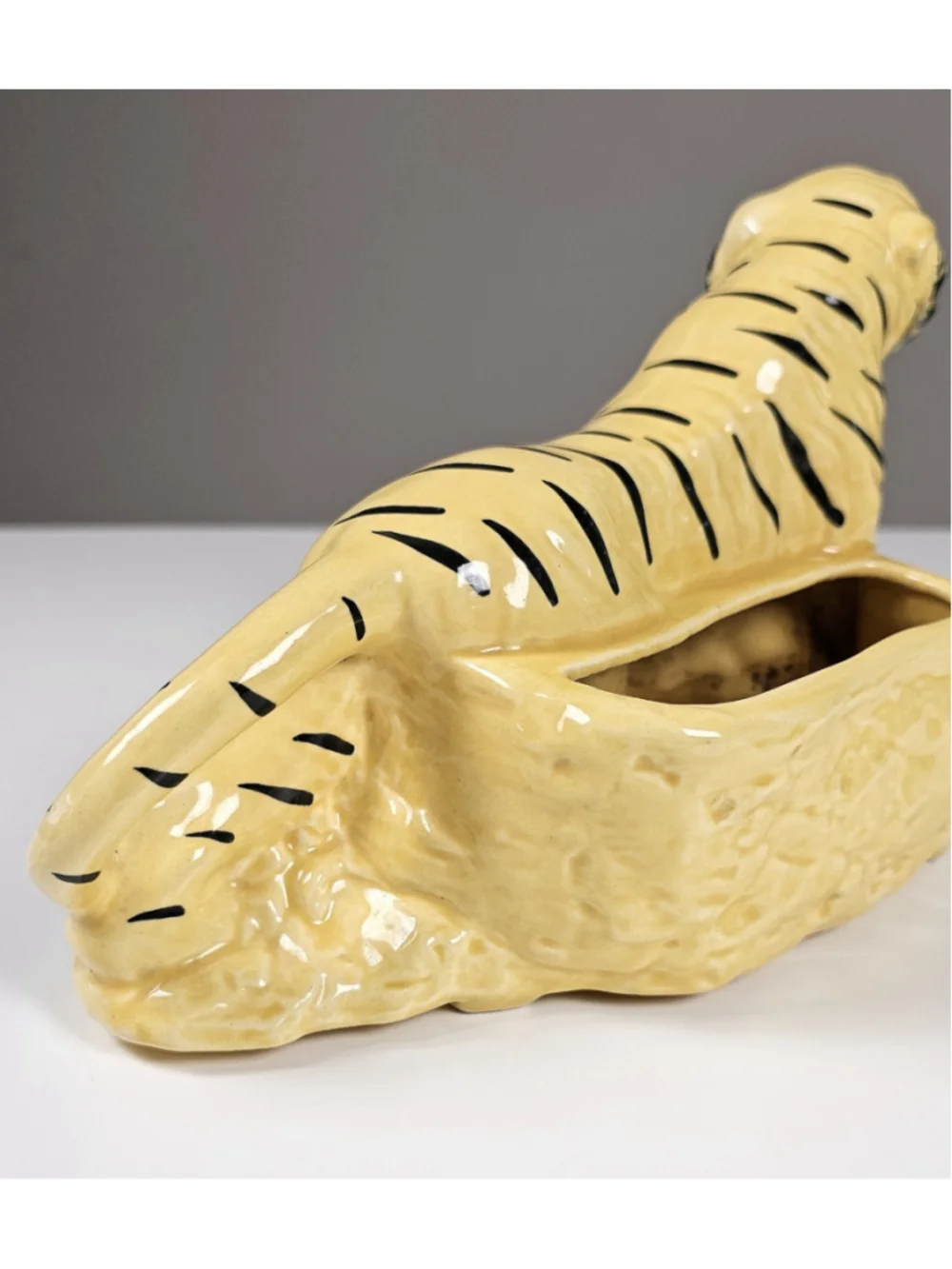 Vintage MCM Yellow Ceramic Tiger Planter Figurine 1950s TV Top Caddy Retro Gloss